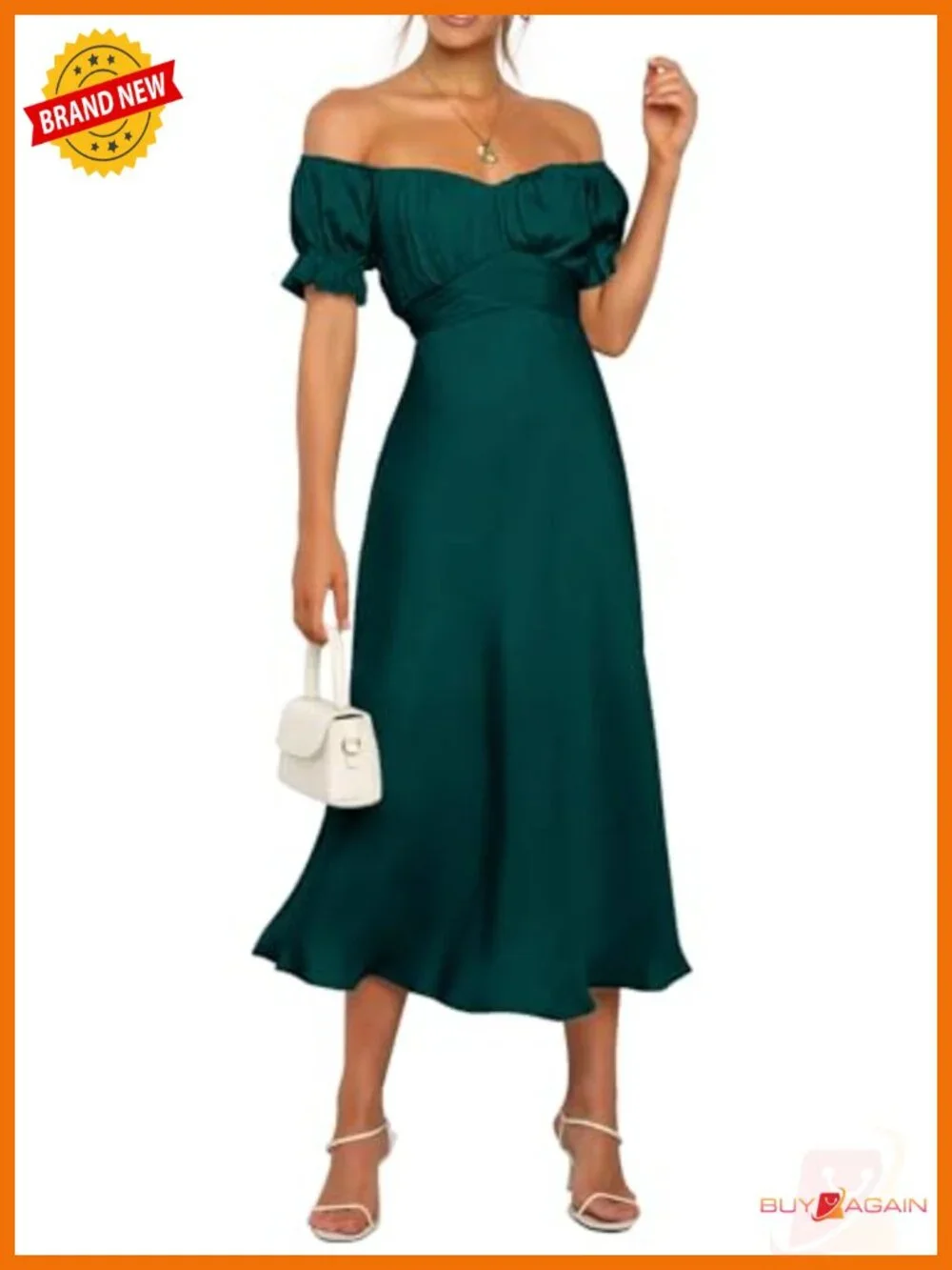 Satin Off Shoulder Midi Dress Puff Sleeve Mermaid Hem Wedding Guest Cocktail